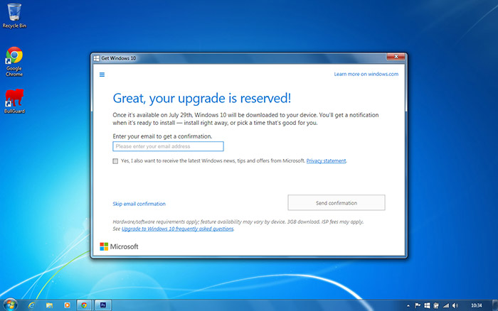 PC Care - Windows 10 Upgrade email confirmation